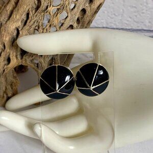 Vintage 80s Black Enamel Gold Tone Clip On Earrings